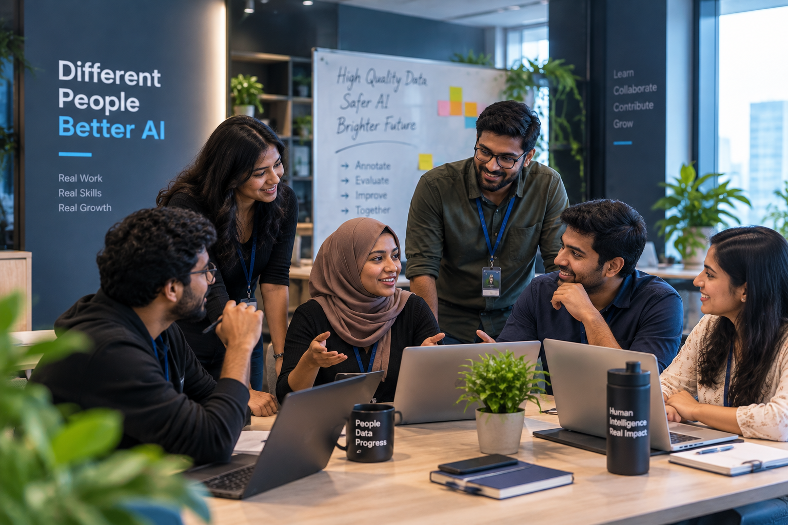 Diverse AI data operations team collaborating around laptops in a modern office