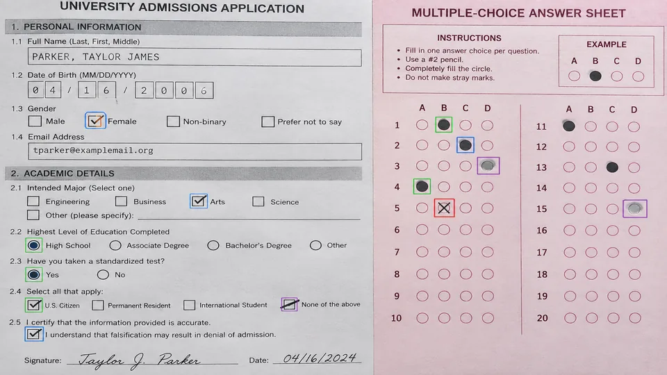 Application form and answer sheet with varied checkbox and bubble states