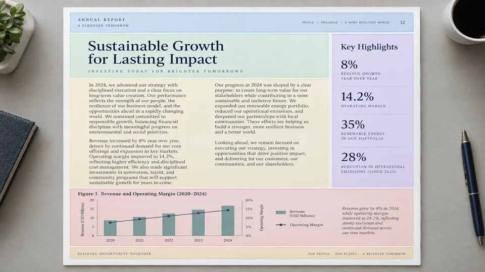 Corporate report page with segmented layout zones