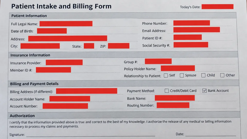 Patient and billing form with sensitive identity and banking fields redacted