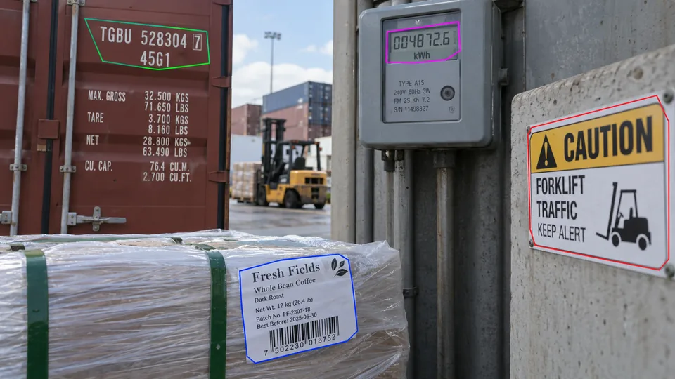 Logistics yard text regions traced on a container, meter, packaging, and sign