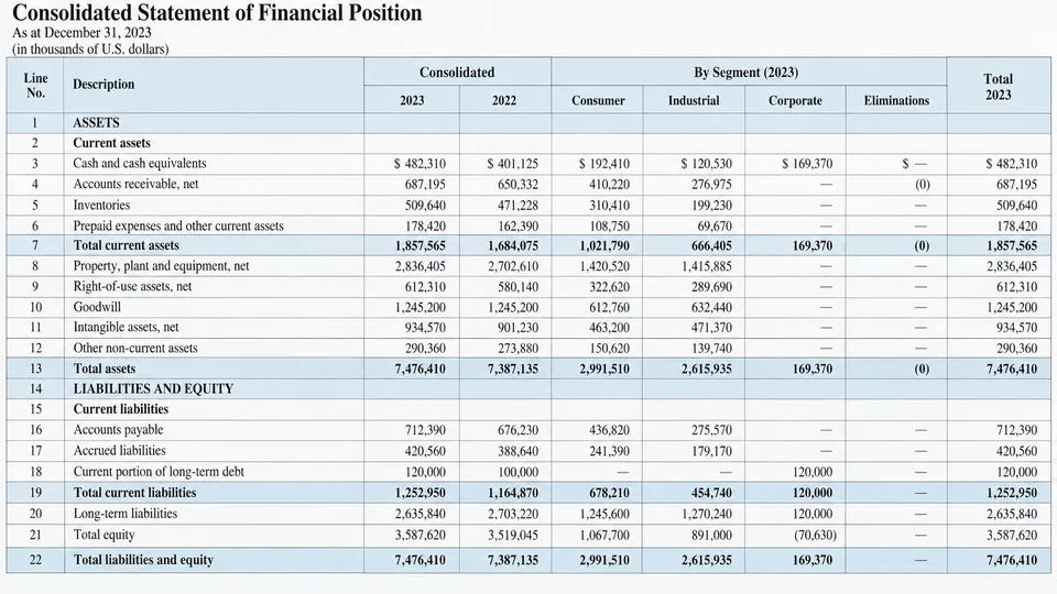 Financial statement with structured rows, columns, headers, and merged cells