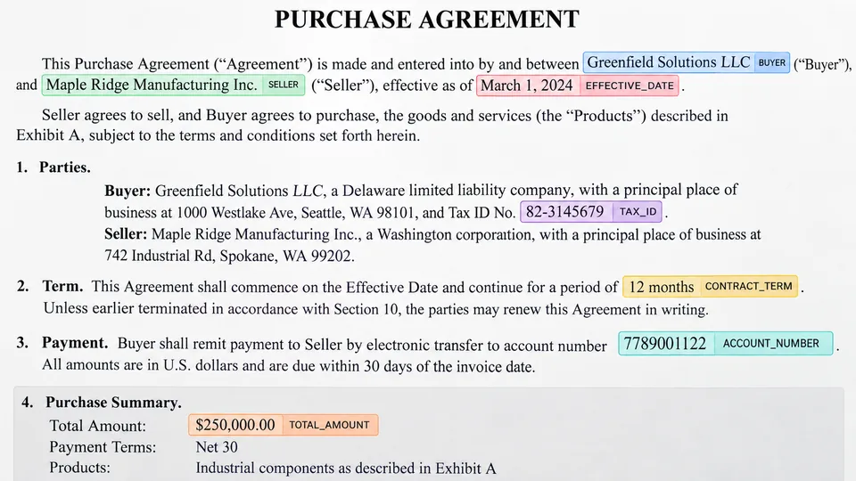 Purchase agreement with domain entity text spans tagged