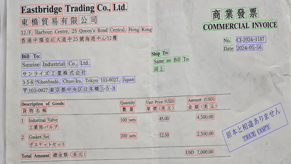 Multilingual scanned document with precise word and line detection boxes