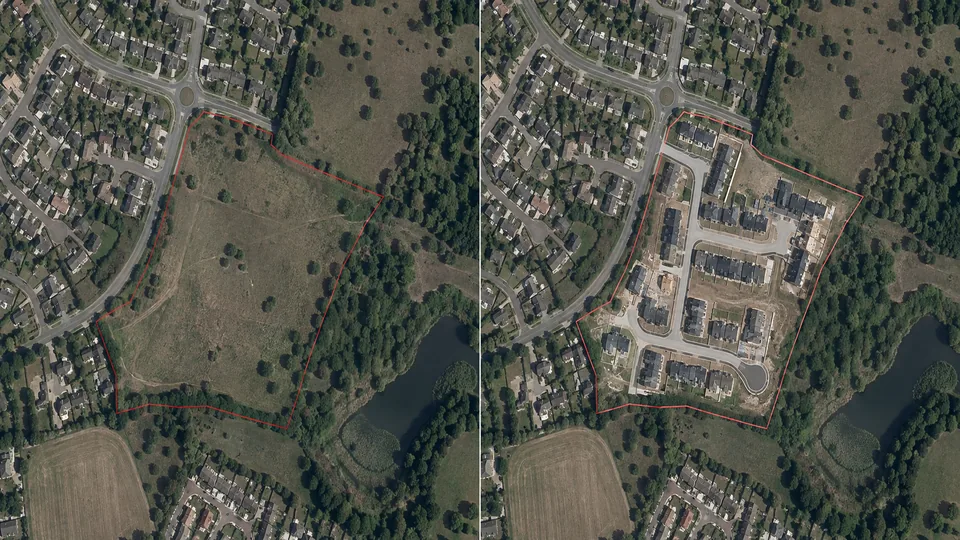 Aligned before-and-after satellite images showing new construction