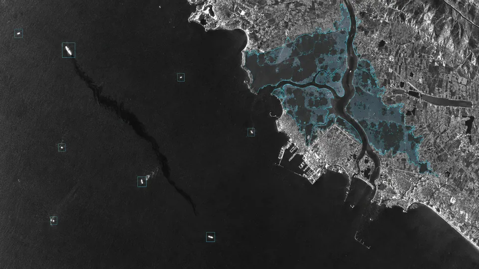 SAR coastal imagery with vessel, oil-spill, and flood annotations