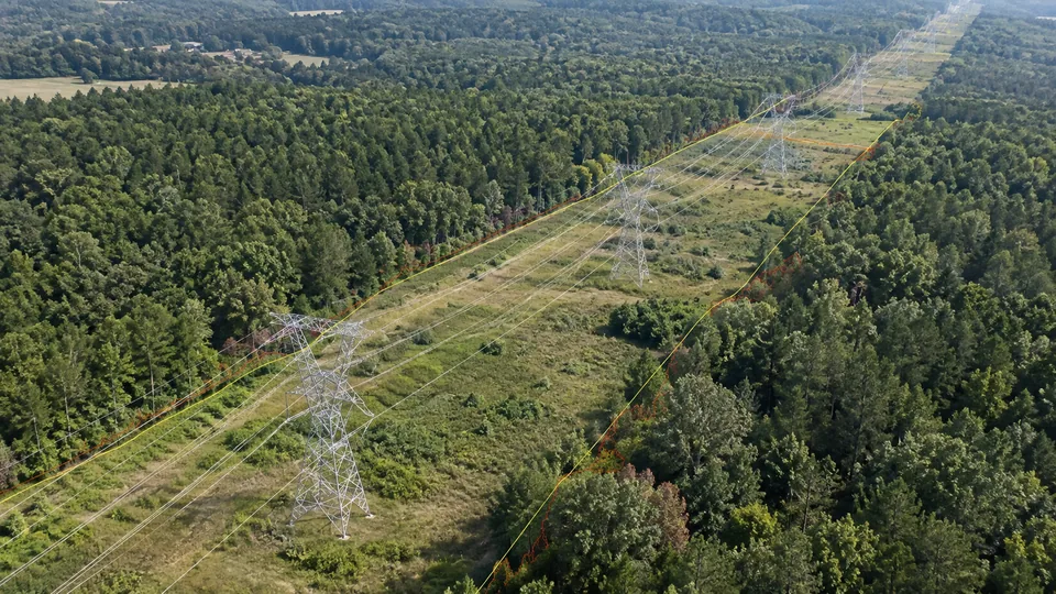Aerial transmission corridor with clearance and vegetation encroachment boundaries