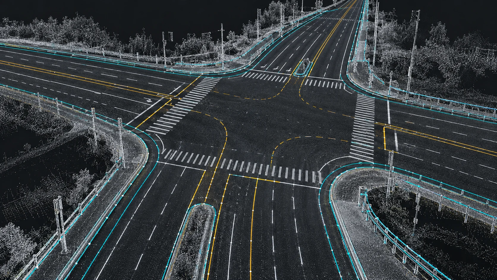 Survey roadway point cloud with fitted lane, curb, and crosswalk polylines