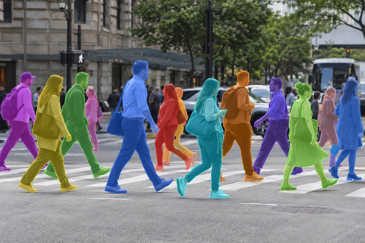 Crowded crosswalk with individually masked pedestrian instances