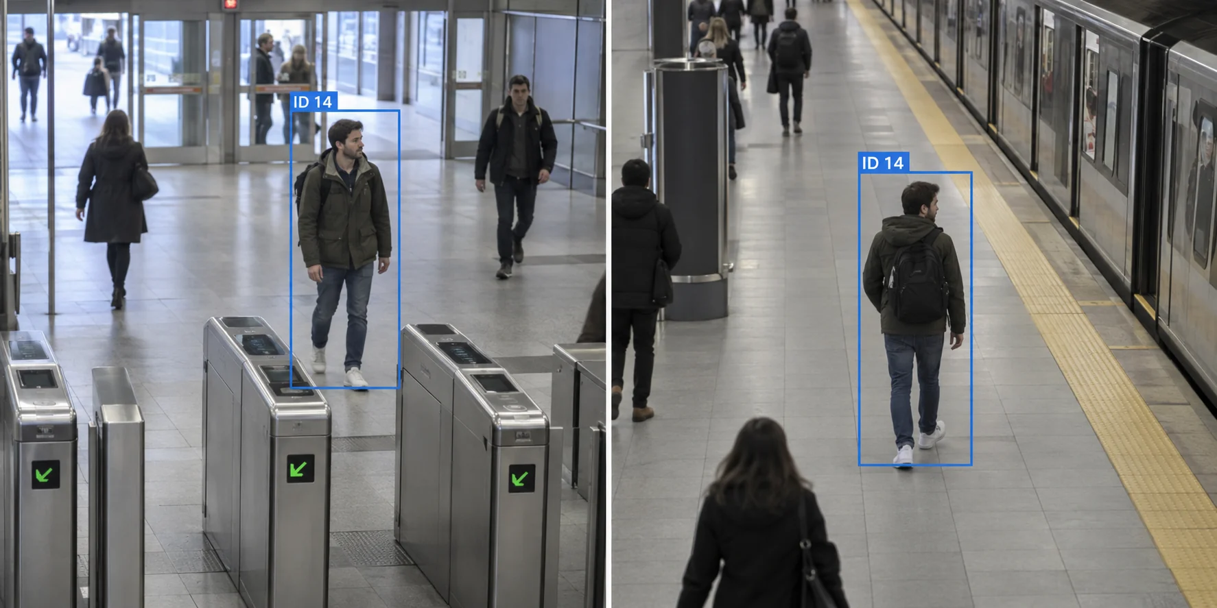 Same pedestrian re-identified with one persistent ID across two camera views