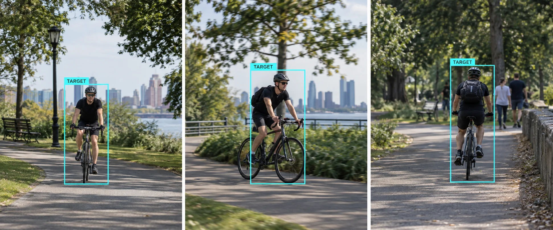 Single cyclist tracked across motion, scale, and perspective changes