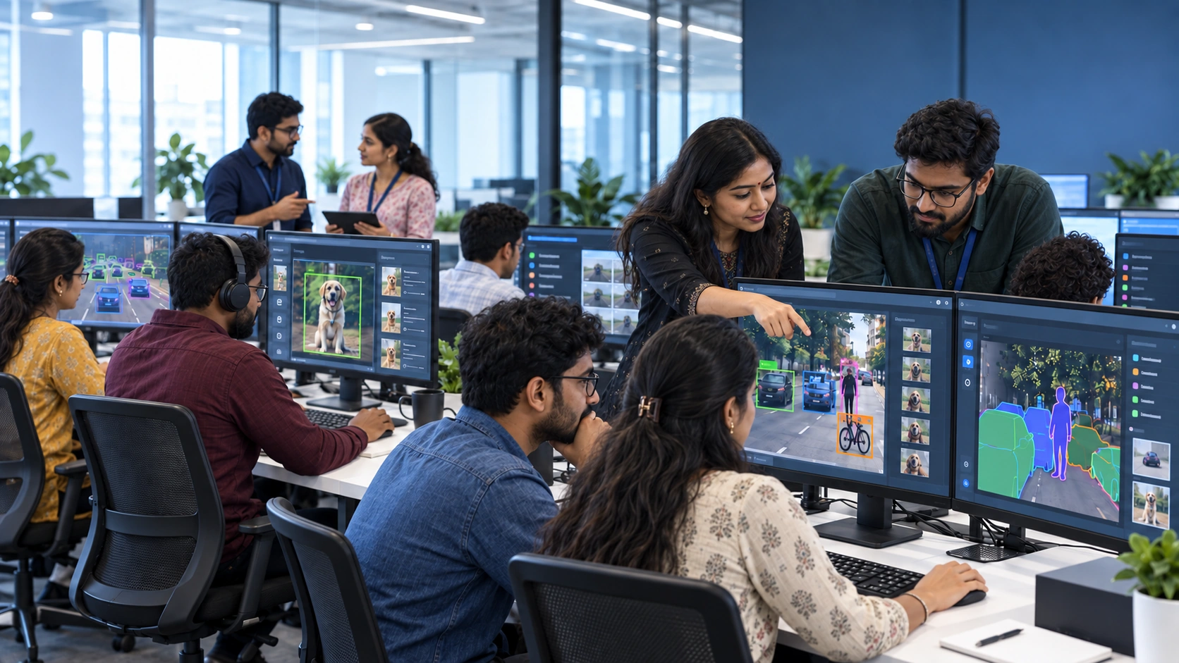 A collaborative data operations team working together in a modern professional workspace